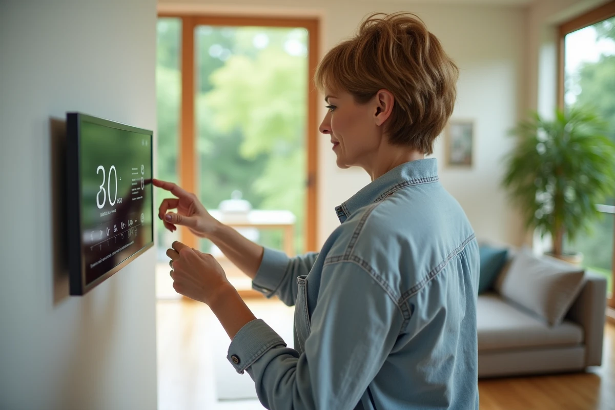 Femme inspectant un panneau de suivi énergétique dans un salon moderne