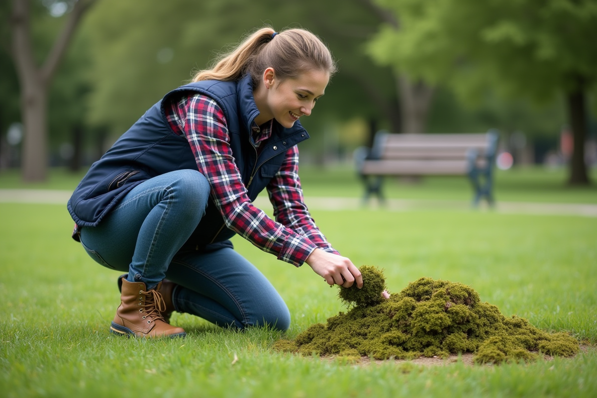 Femme examine la mousse dans un parc en extérieur