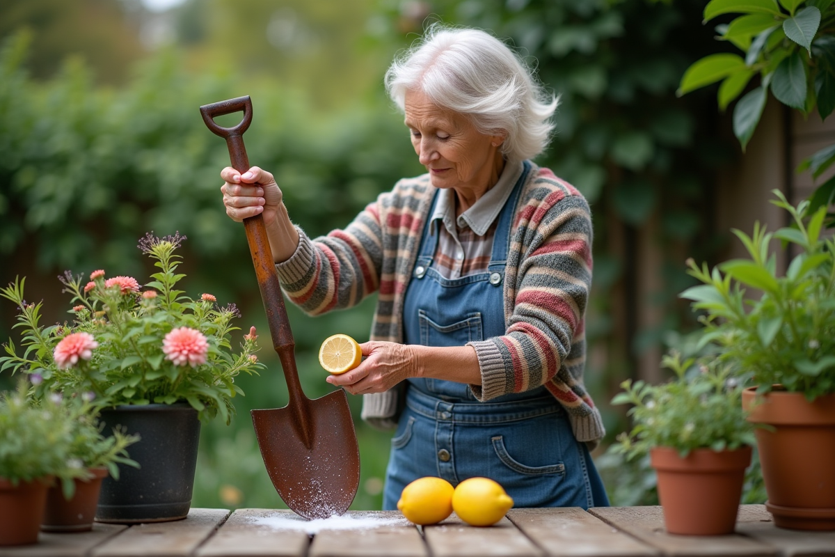 Femme âgée nettoie une pelle de jardin avec citron et sel