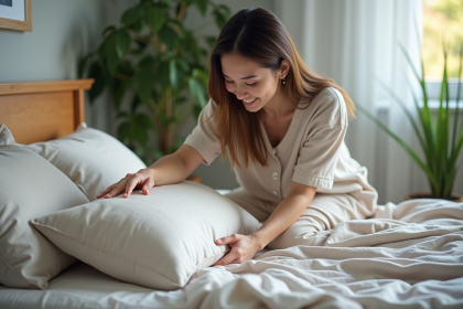 Femme relaxant avec un oreiller ergonomique dans une chambre moderne