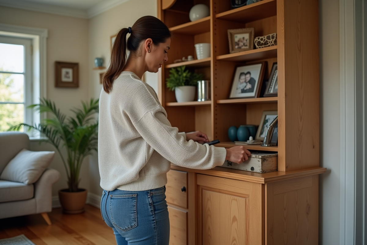 Femme organisée triant des objets dans un salon lumineux