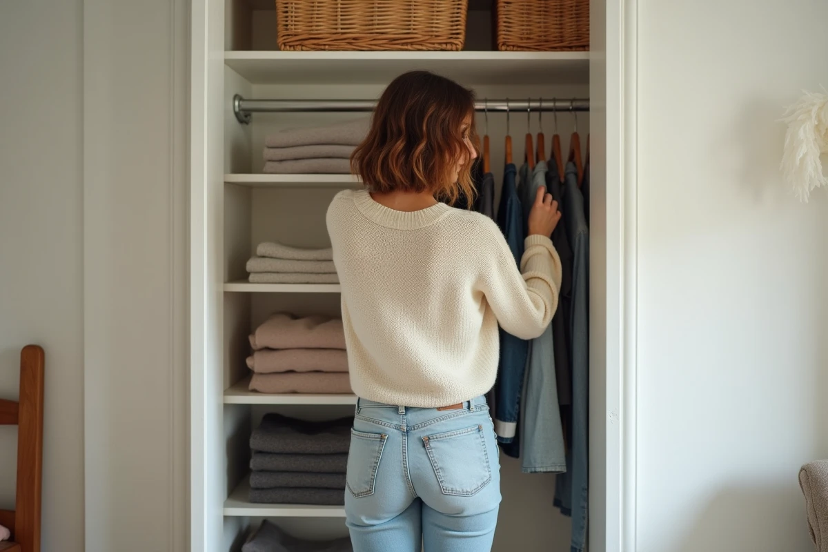 Femme rangeant des vêtements dans une penderie Brico Dépôt avec étagères modulables dans une petite chambre