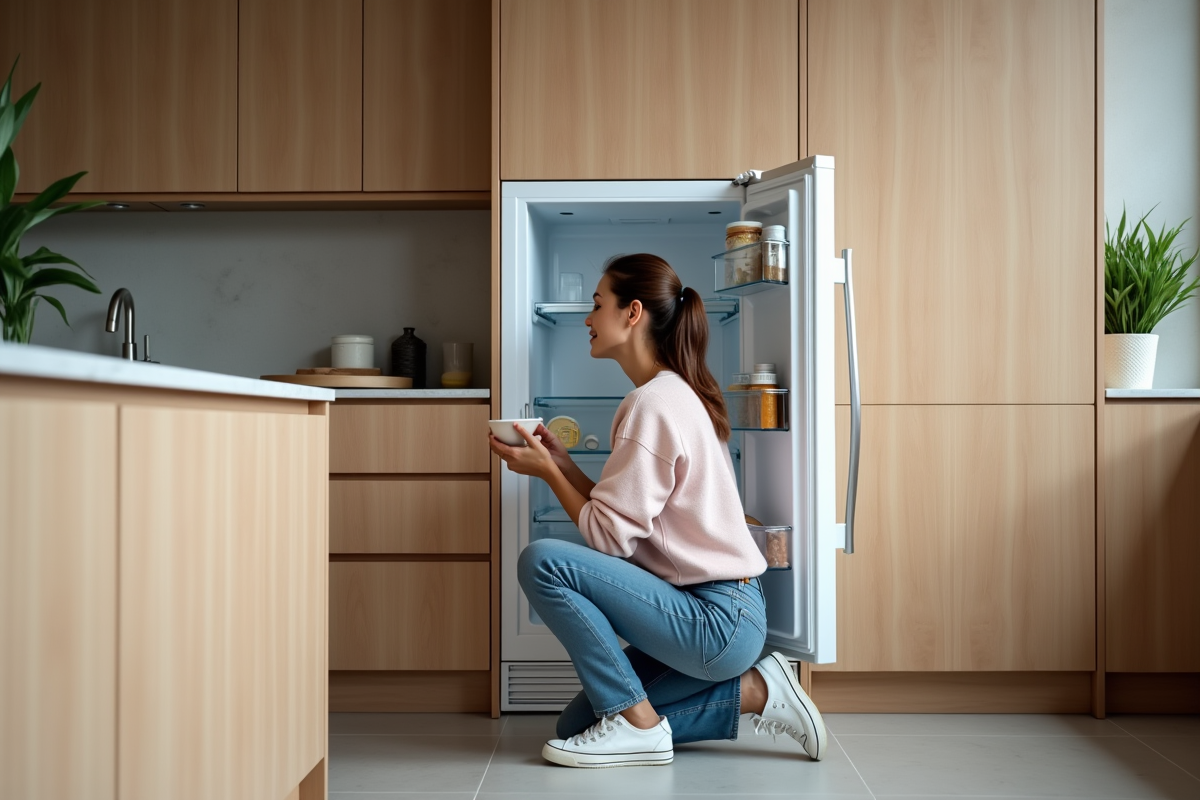 Femme organisée devant un frigo intégré dans une cuisine moderne