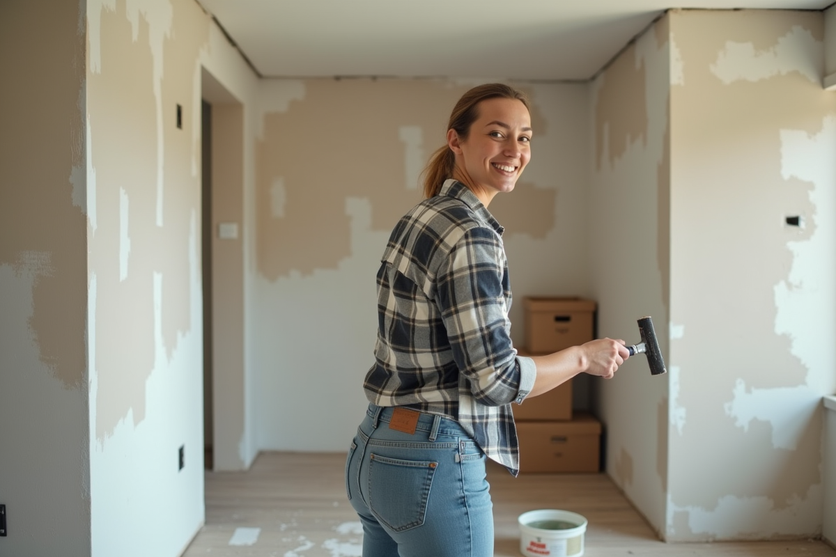 Femme souriante peinturant un mur dans un sous-sol fini