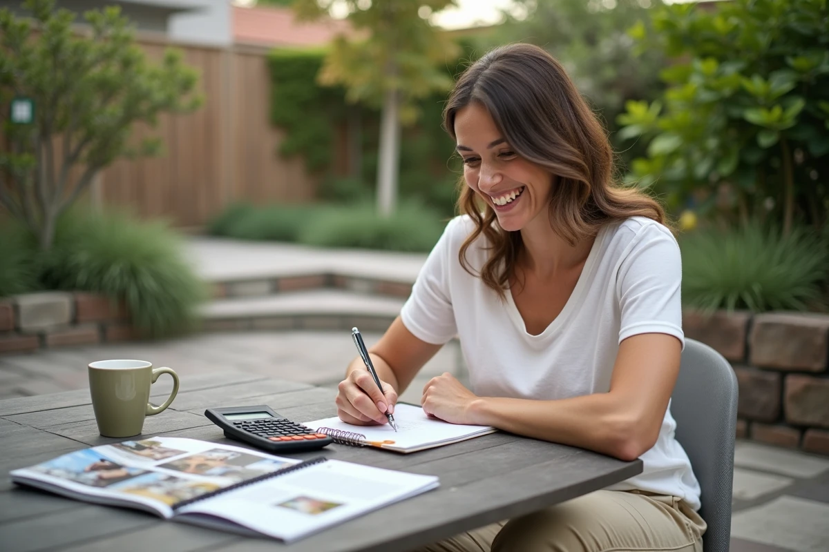 Femme prenant des notes sur la terrasse en extérieur