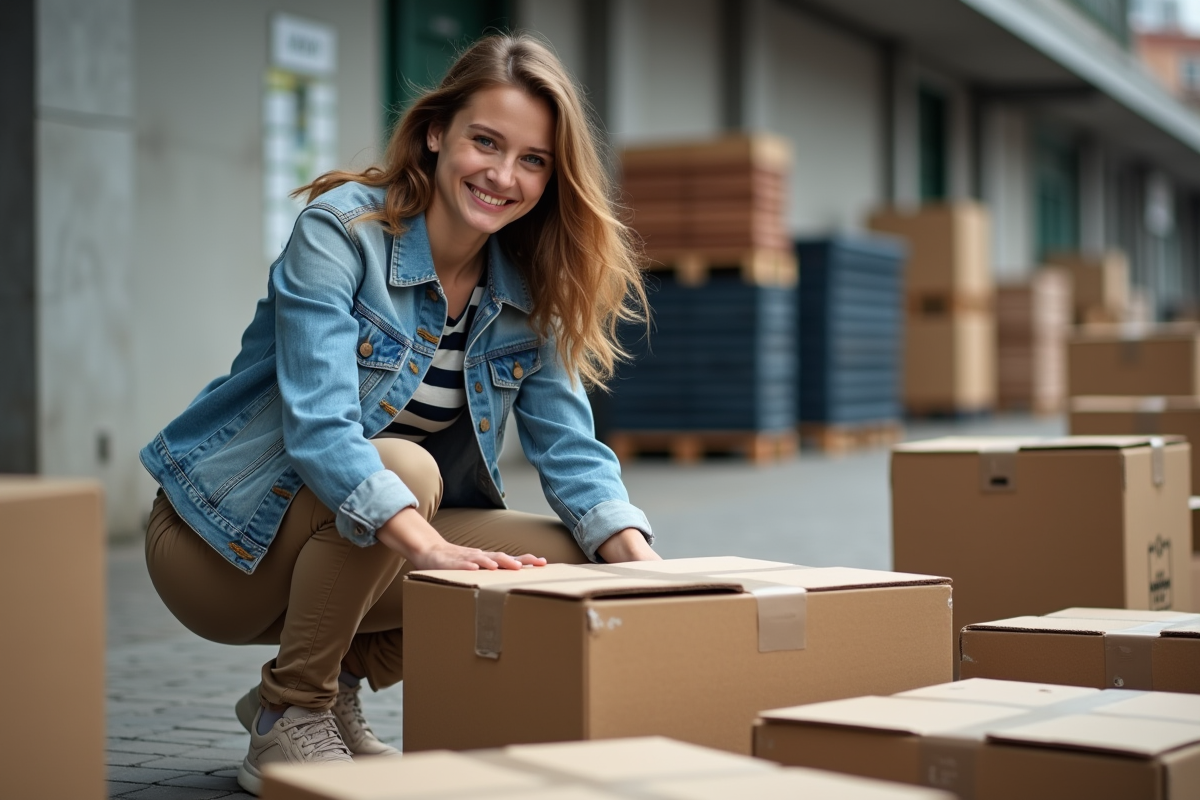 Jeune femme en denim collecte des cartons recyclables
