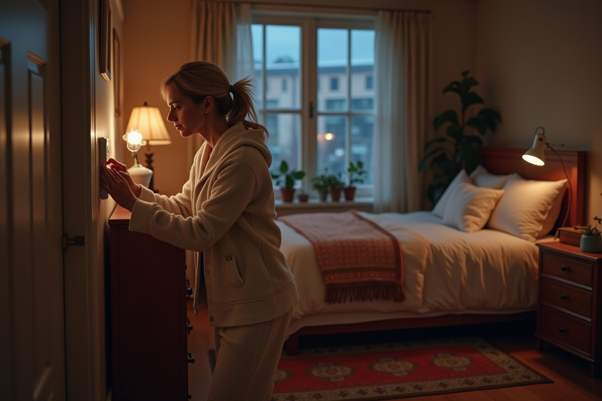 Femme d'âge moyen réglant le thermostat dans une chambre chaleureuse