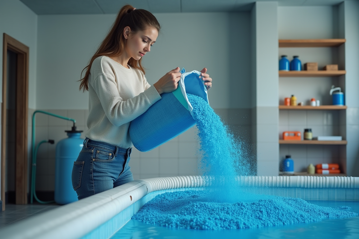 Jeune femme verse des granules bleus dans un filtre de piscine