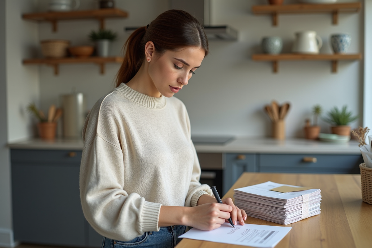 Femme remplissant un formulaire d'adresse dans une cuisine moderne