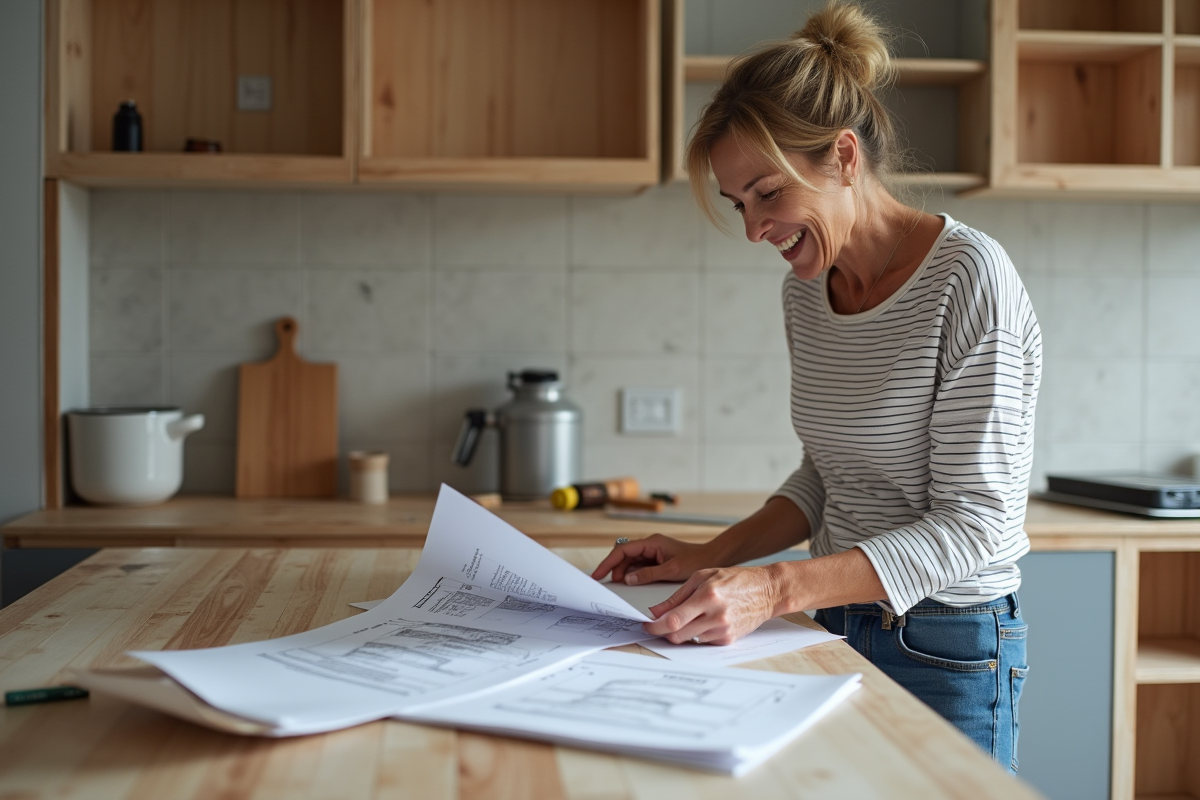Femme examinant plans de cuisine en rénovation