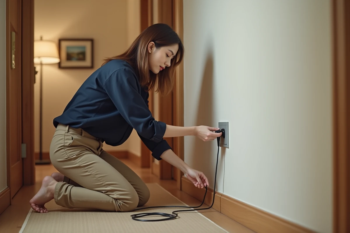 Jeune femme tirant un câble téléphonique dans un couloir