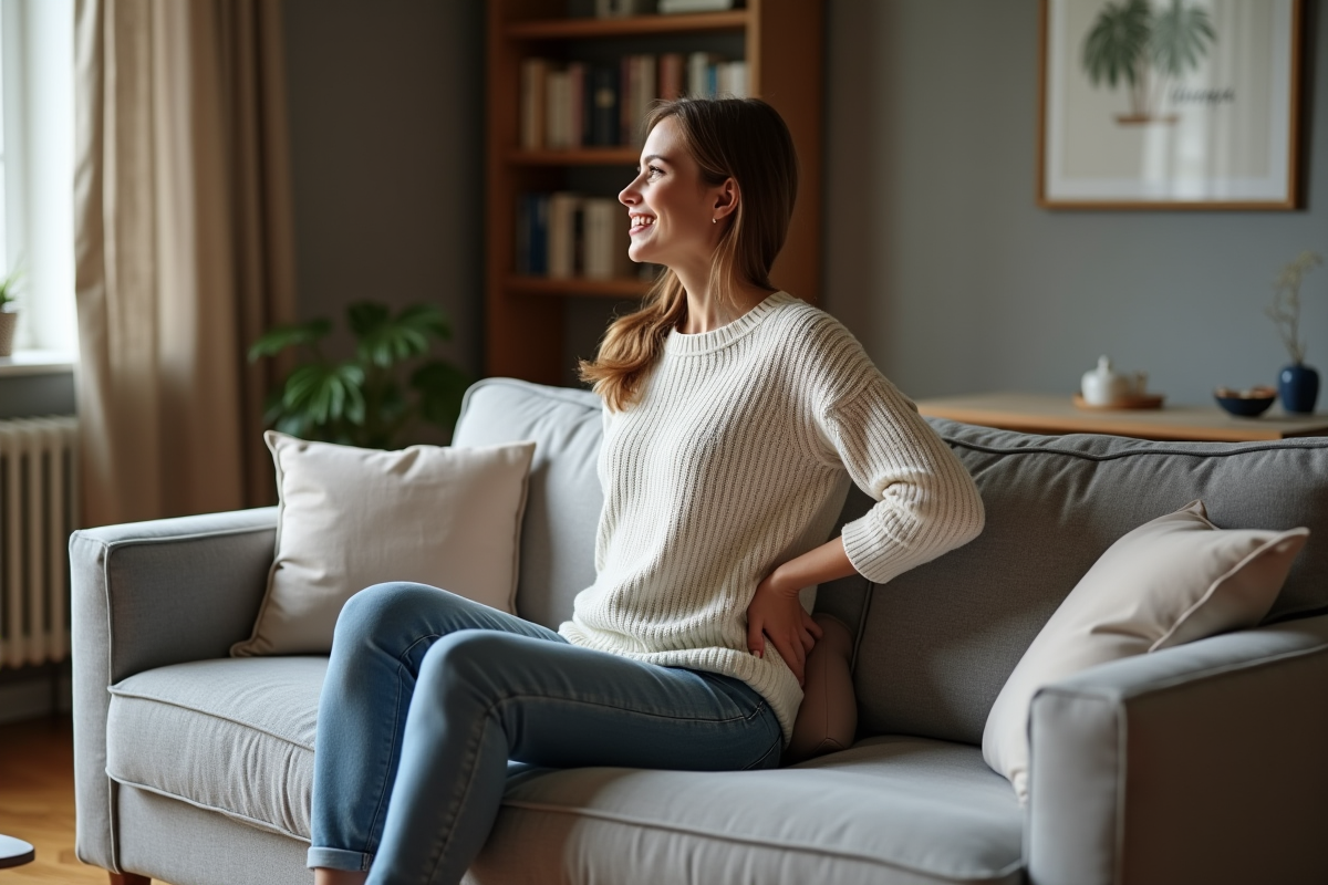 Femme assise confortablement sur un canapé moderne