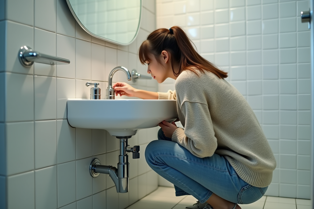 Jeune femme examinant un siphon sous un lavabo de salle de bain