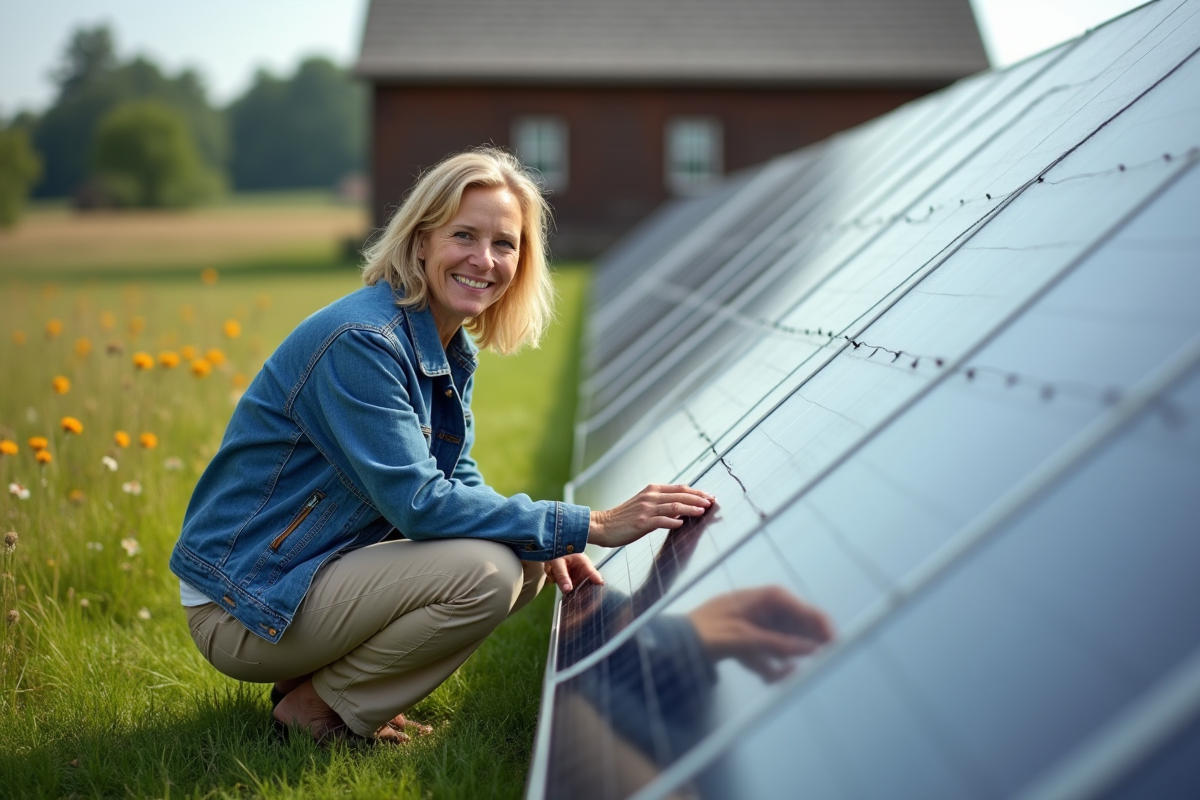 Femme souriante près de panneaux solaires dans un champ