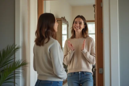 Femme souriante accueillant un nettoyeur professionnel à la porte