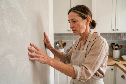 Femme examinant une tapisserie lavable dans une cuisine moderne aux tons neutres