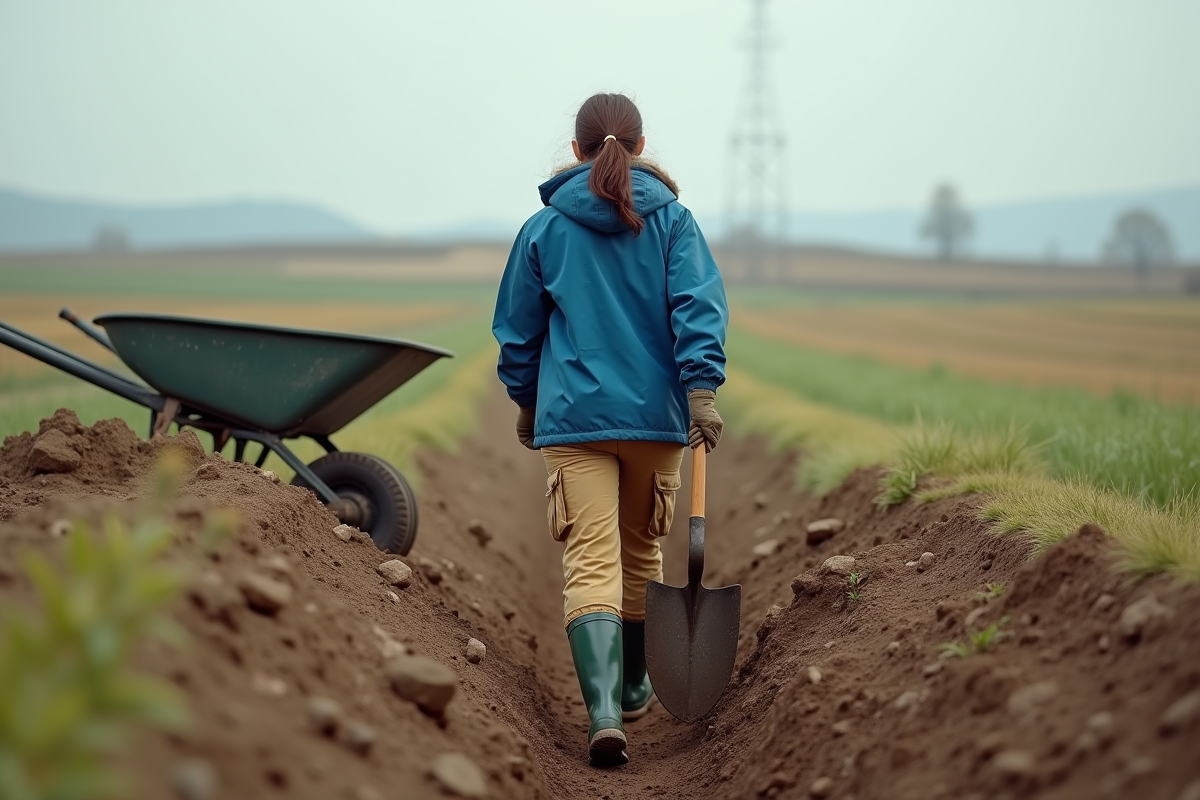 Jeune femme creusant une tranchée dans un champ rural
