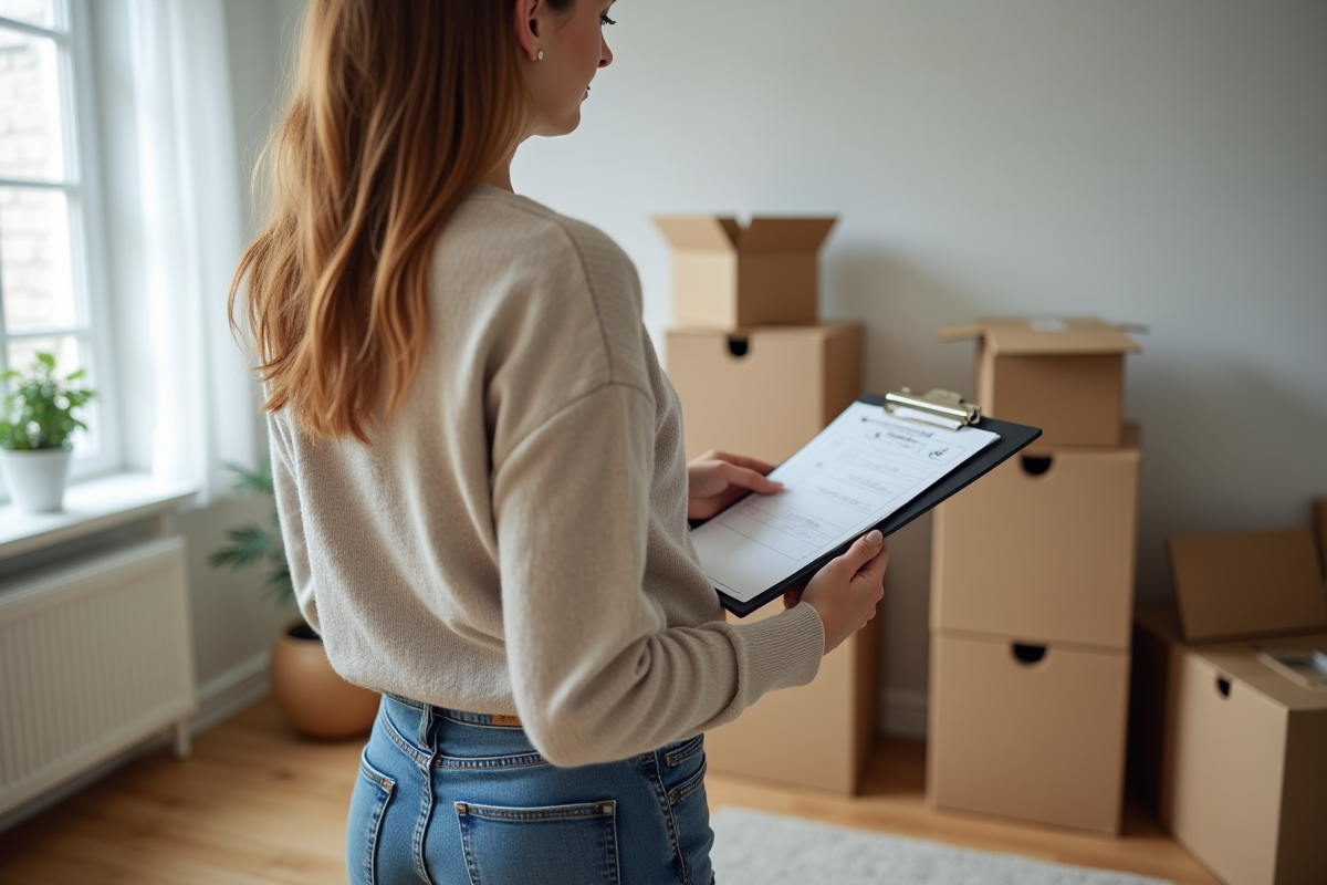 Jeune femme vérifiant une checklist dans un salon organisé