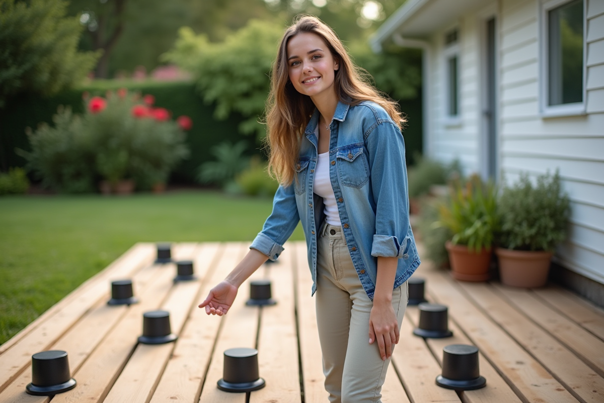 Jeune femme vérifie les pedestaux noirs sur la terrasse