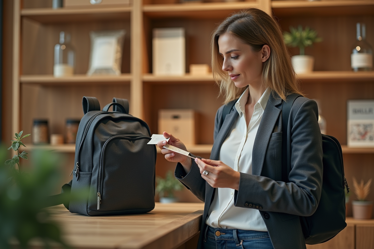 Femme examinant une étiquette de sac écologique en intérieur