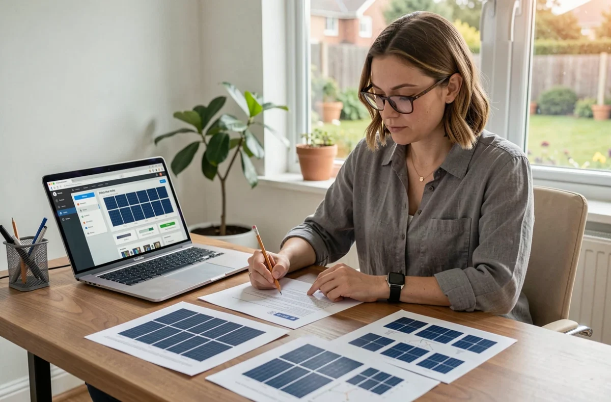 Femme étudiant des visualisations PNG de panneaux solaires imprimées sur un bureau à domicile avec un ordinateur portable ouvert
