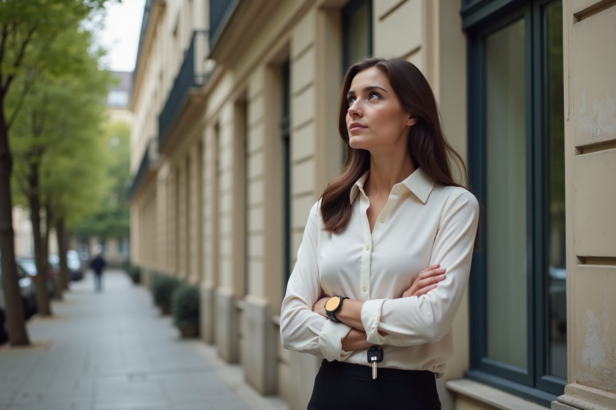 Jeune femme observant des fenêtres dans un immeuble ancien