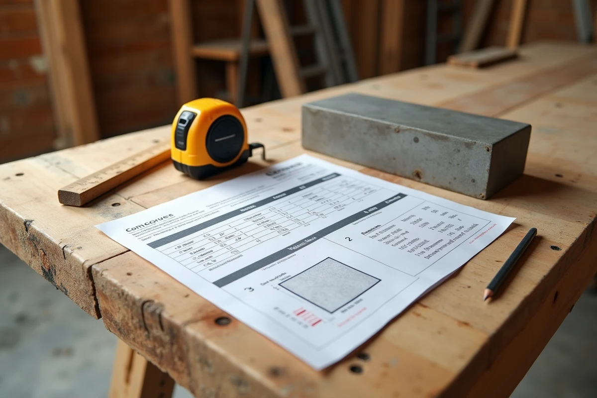 Feuille de calcul béton en m3 avec mètre ruban et règle sur établi de chantier