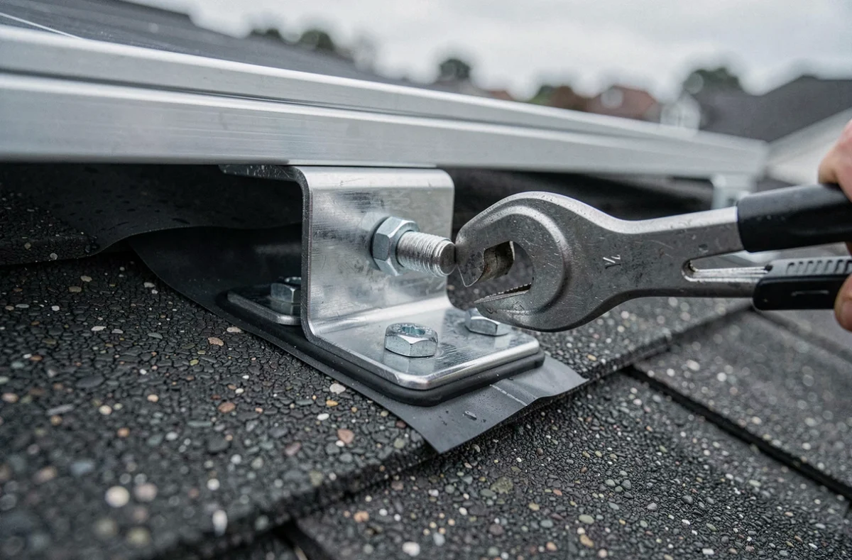 Détail d'un support de fixation vissé sur une toiture en ardoise bitumée pour la pose de panneaux solaires