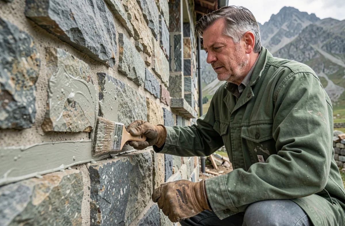 Artisan de Fourtine Travaux Spéciaux appliquant un traitement d'imperméabilisation sur les fondations d'une maison pyrénéenne