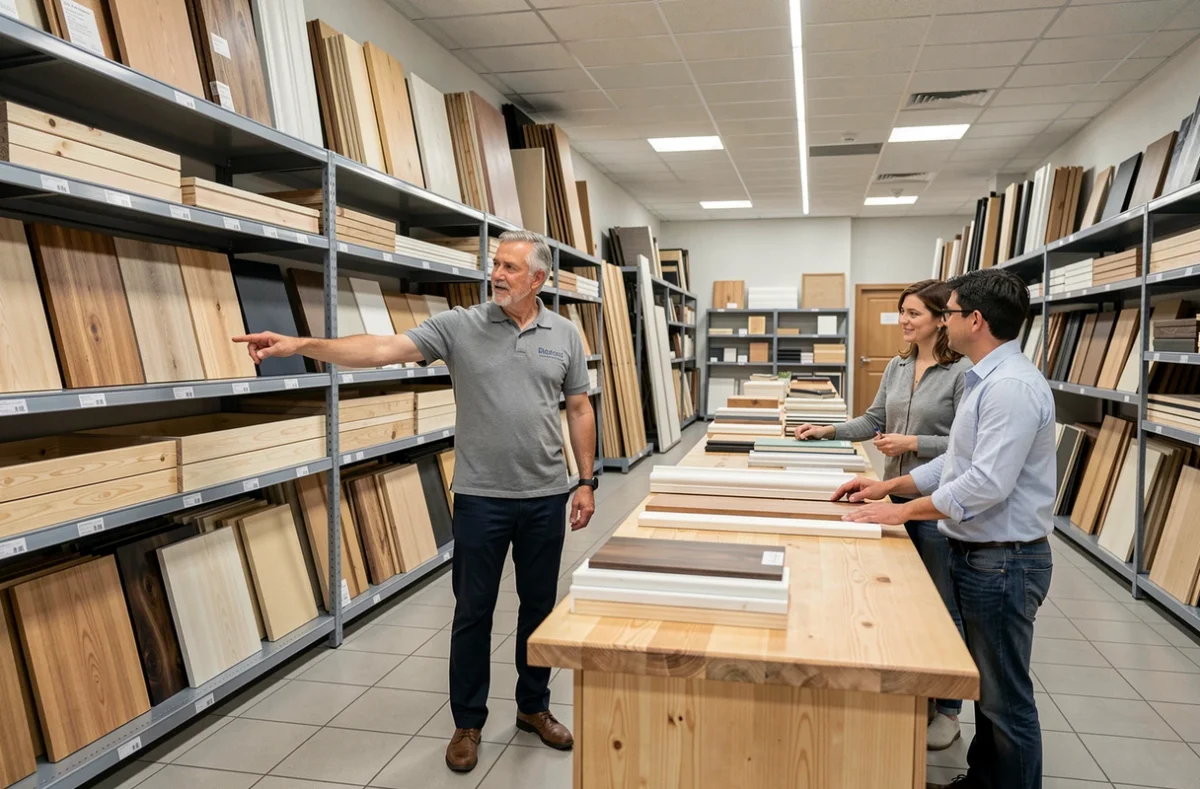 Conseiller de Gedimat Gabriel SAS présentant des profilés de menuiserie bois à des clients dans le showroom de Bourgoin-Jallieu