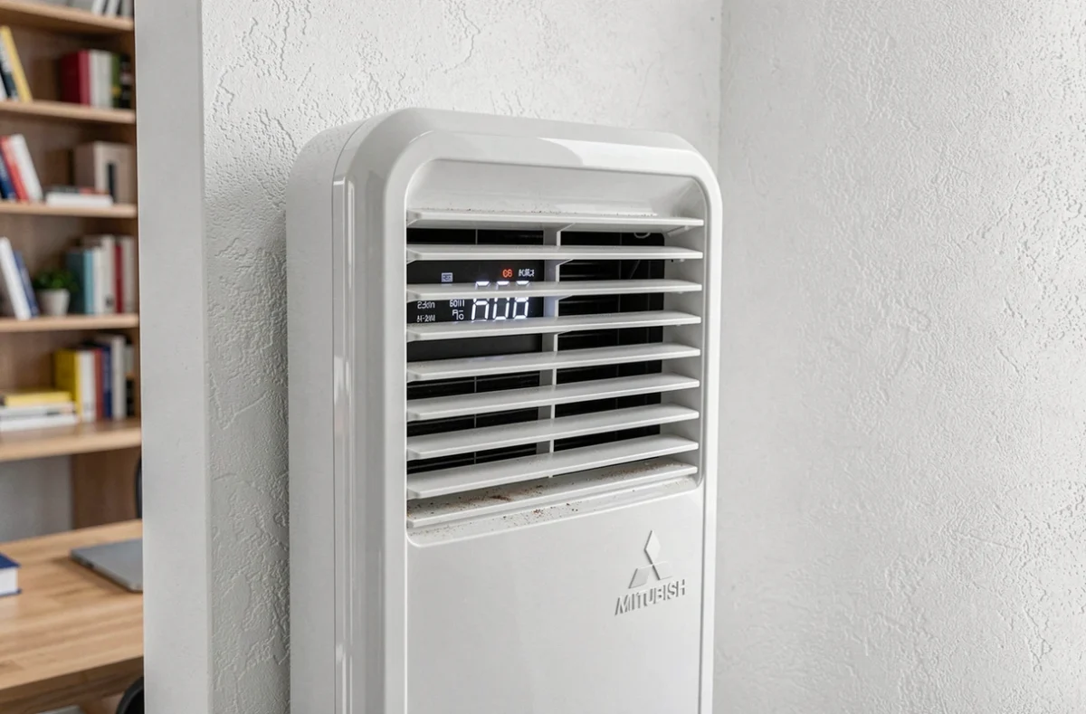 Gros plan sur le panneau de contrôle et la grille d'une pompe à chaleur Mitsubishi en intérieur