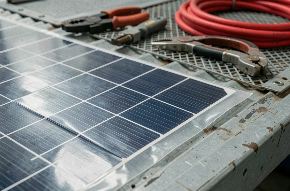 Gros plan sur la surface texturée et la fine épaisseur d'un panneau solaire souple 400W posé sur un établi