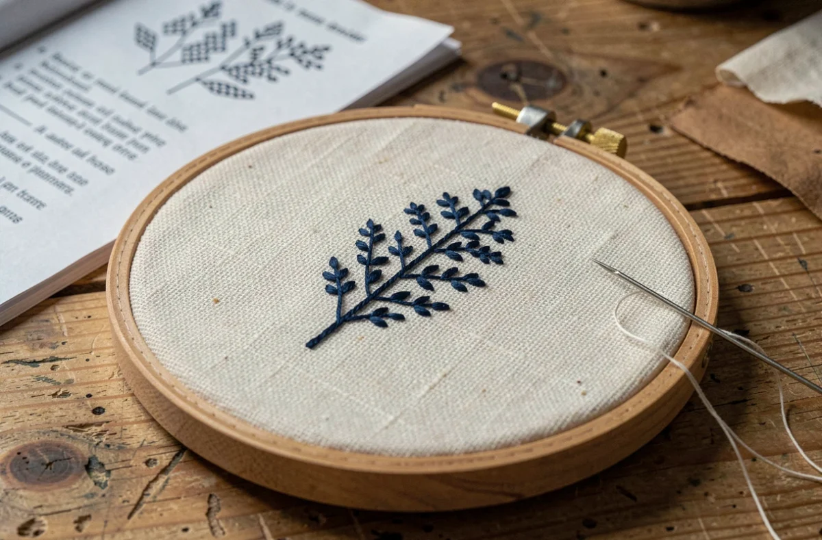Gros plan de broderie point arrière sur coton écru dans un tambour en bois avec aiguille et fiche technique visible en arrière-plan