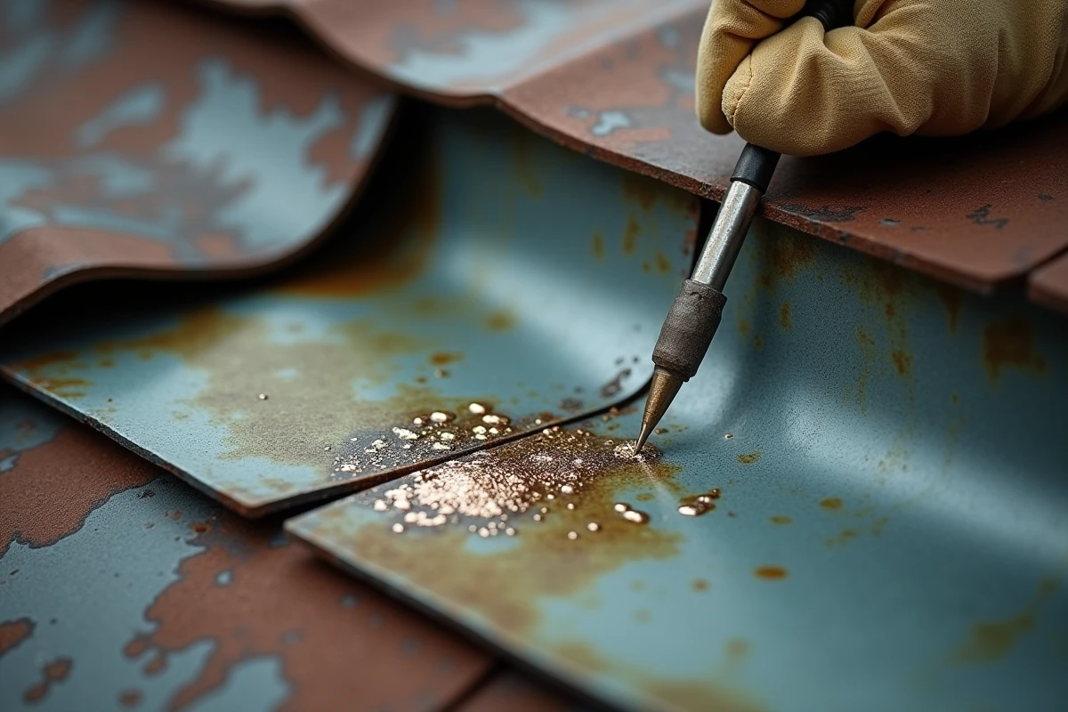 Gros plan sur la soudure d'un angle de gouttière en zinc avec fer à souder et étain fondu