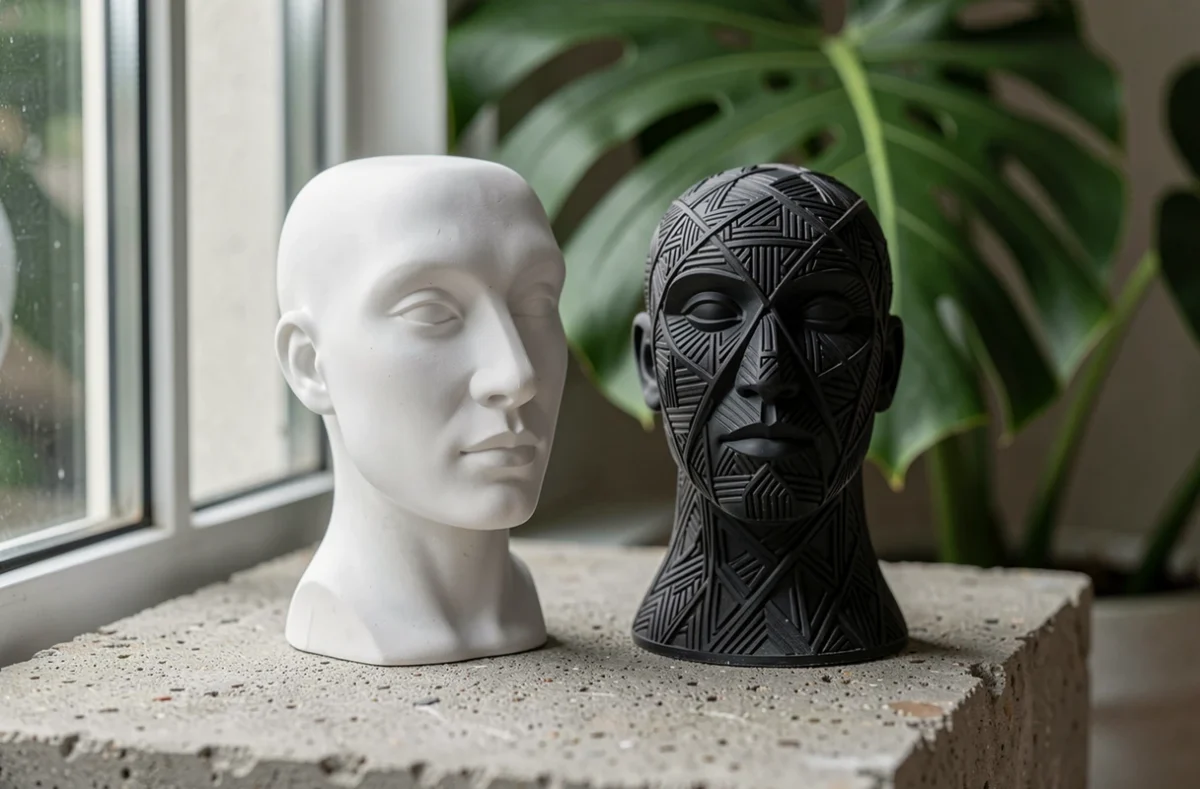 Gros plan sur deux statues décoratives contrastées en plâtre blanc et résine noire posées sur une surface en béton brut