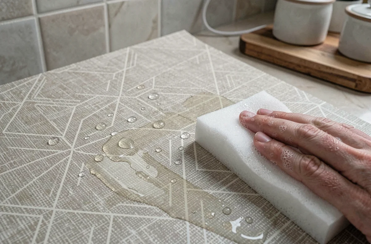 Gros plan sur une tapisserie cuisine lavable résistante essuyée avec une éponge humide