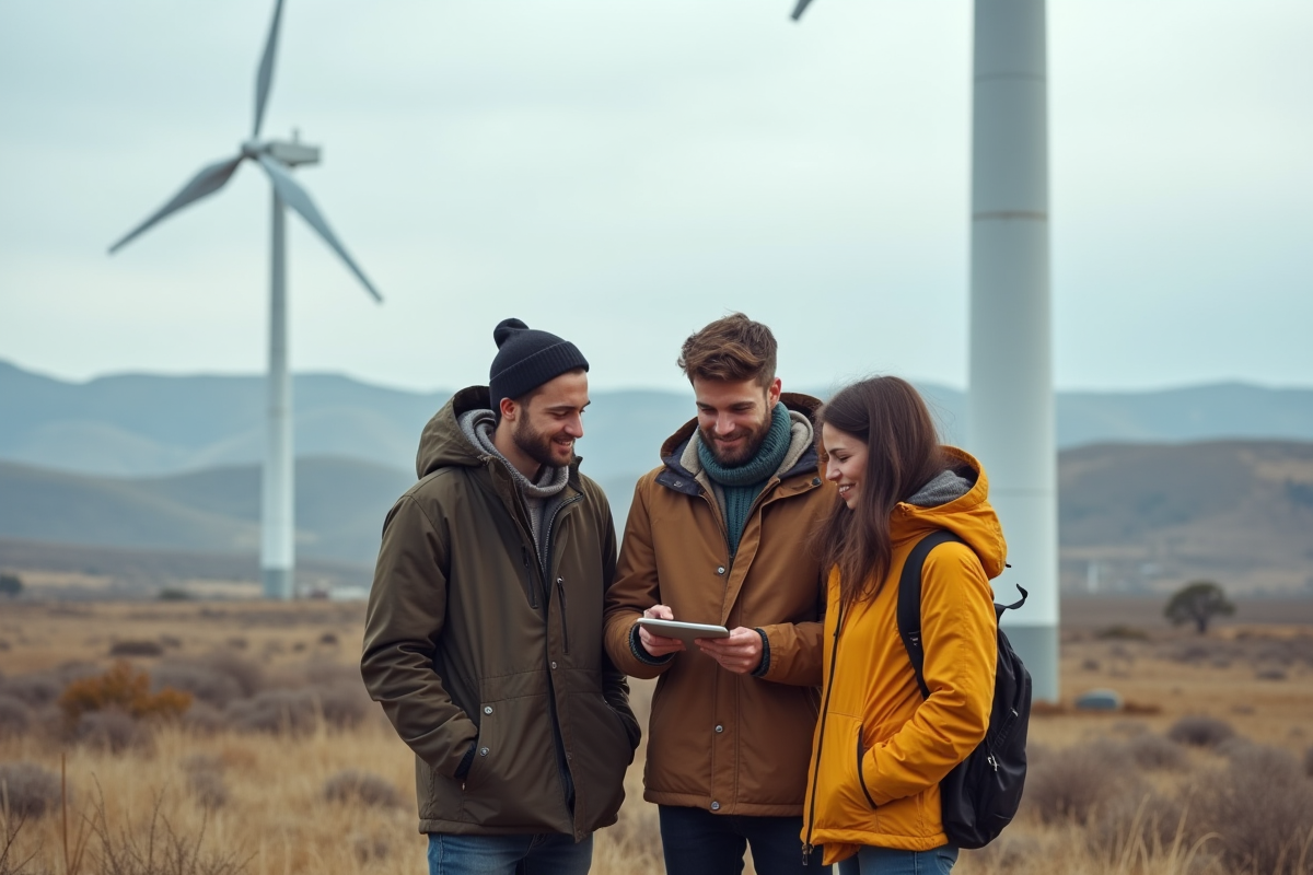 Groupe de jeunes devant une éolienne en plein air