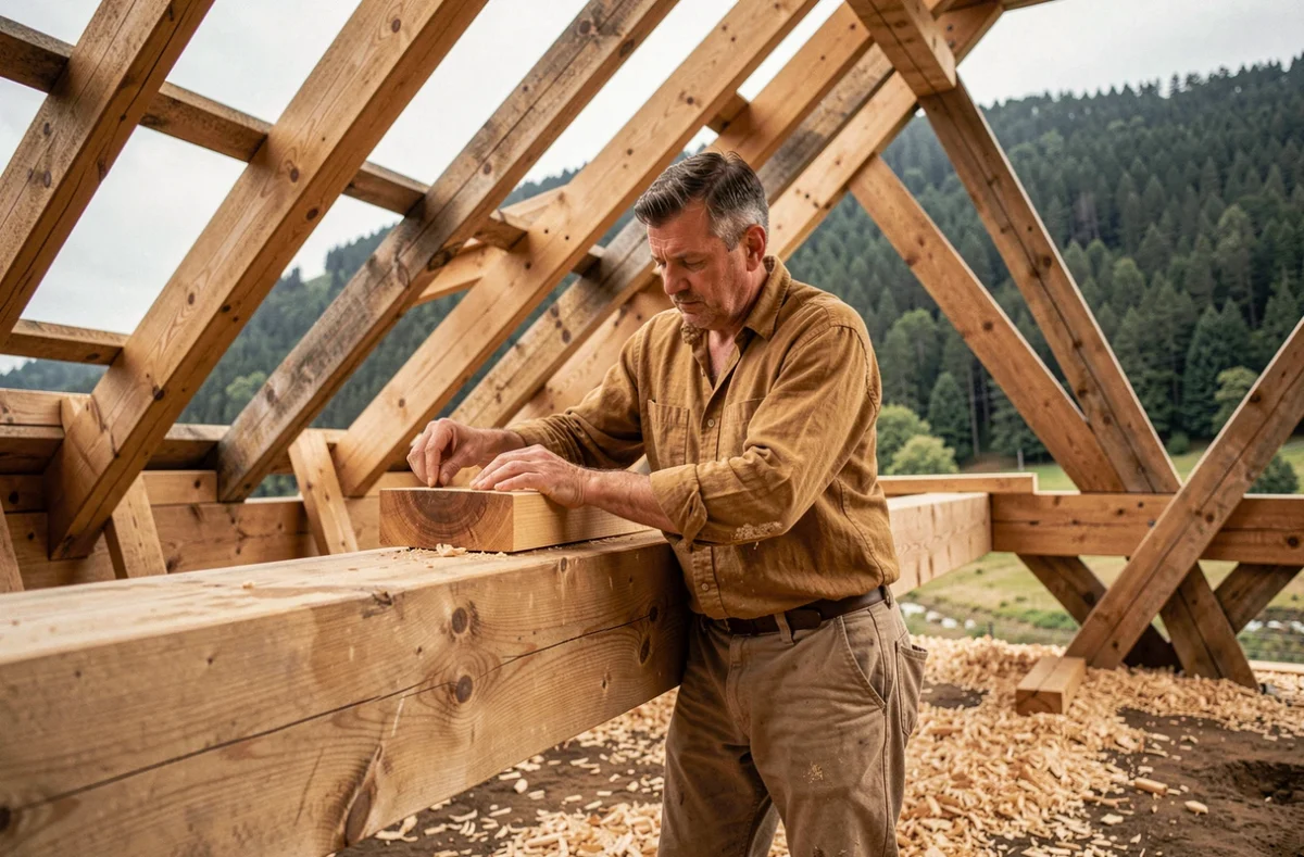 Charpentier de L'Herminette SAS assemblant une charpente traditionnelle en chêne avec un joint mortaise-tenon