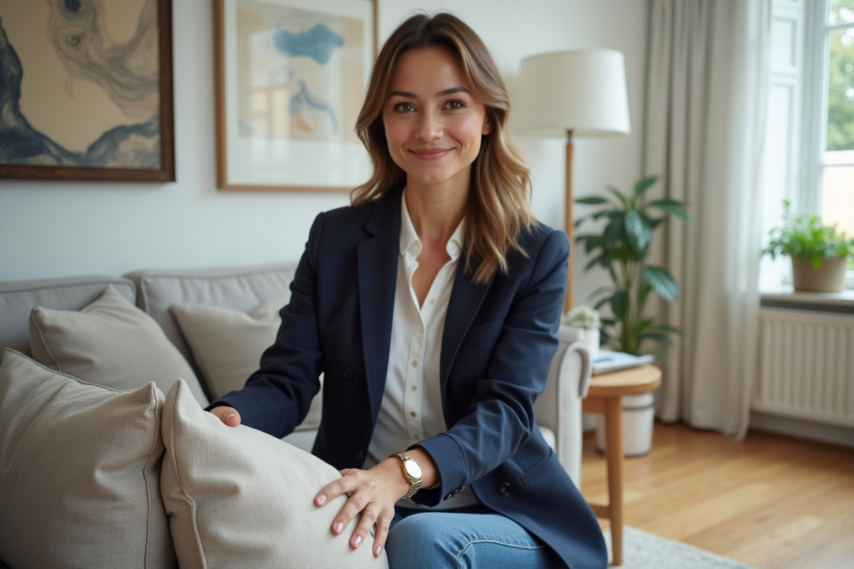 Stagiaire en home staging arrangeant des coussins dans un salon lumineux