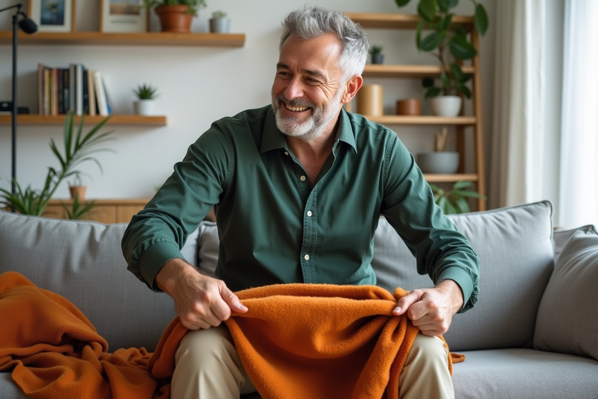 Homme arrangeant une couverture orange sur un canapé gris