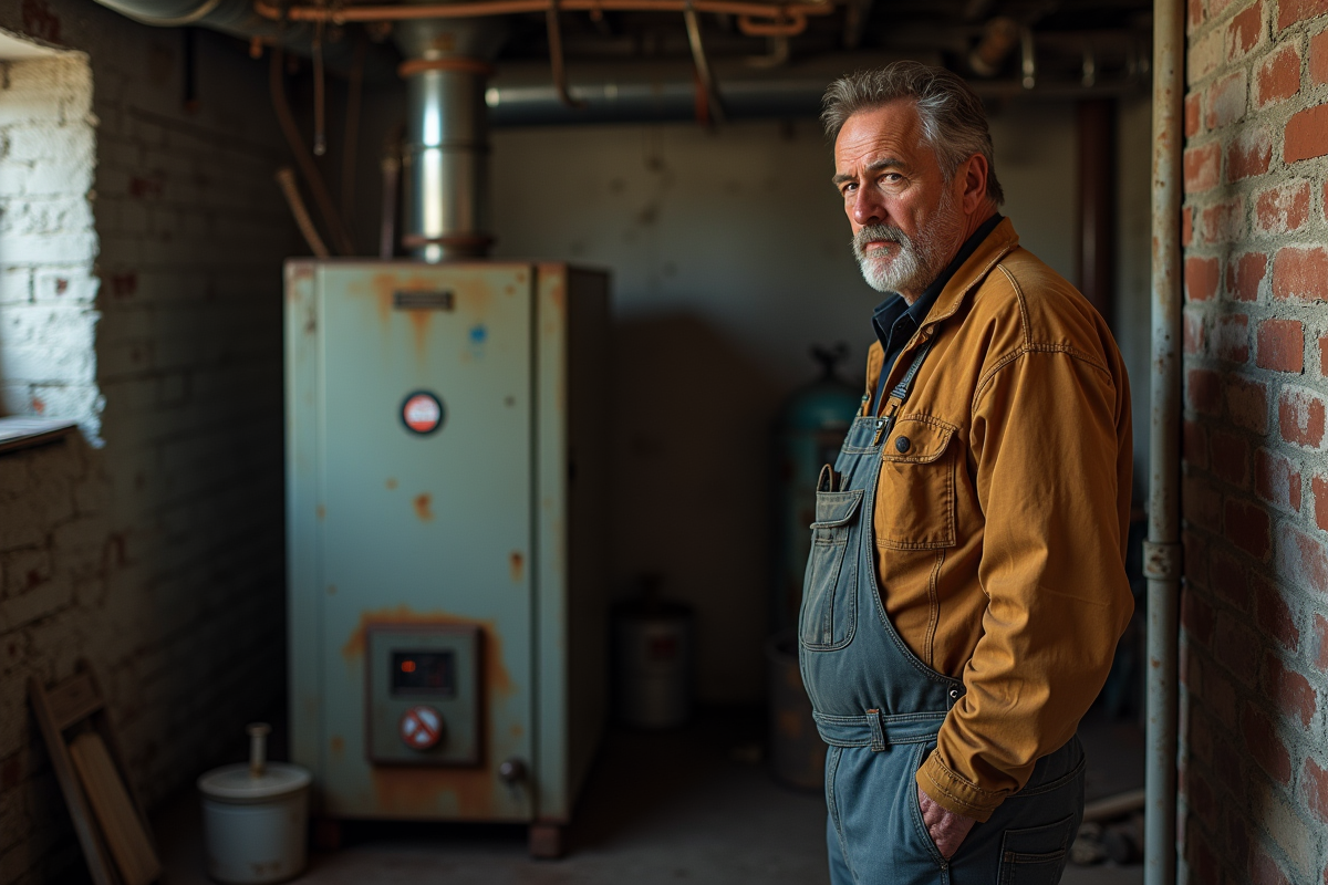 Homme d'âge moyen près d'une chaudière ancienne dans un sous-sol