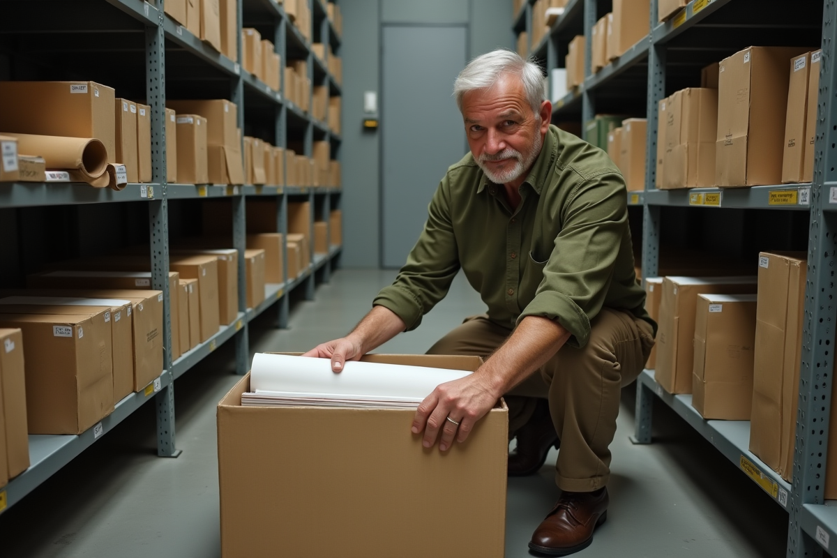 Homme rangeant des posters dans une boîte d