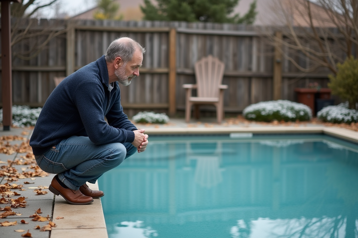 Homme d'âge moyen inspectant une piscine automnale calme