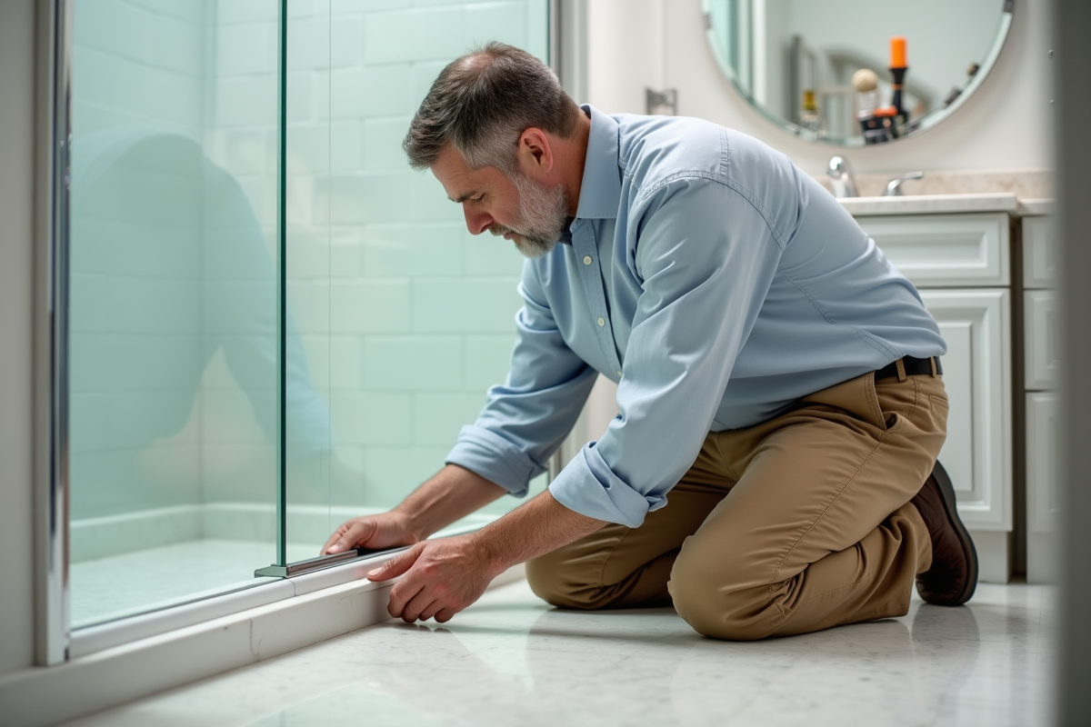 Homme appliquant du calfeutrage dans la salle de bain