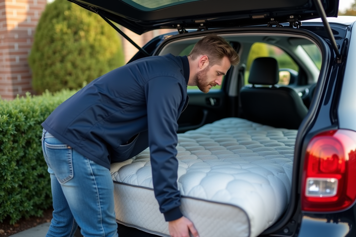 Homme chargeant un matelas dans une voiture en extérieur
