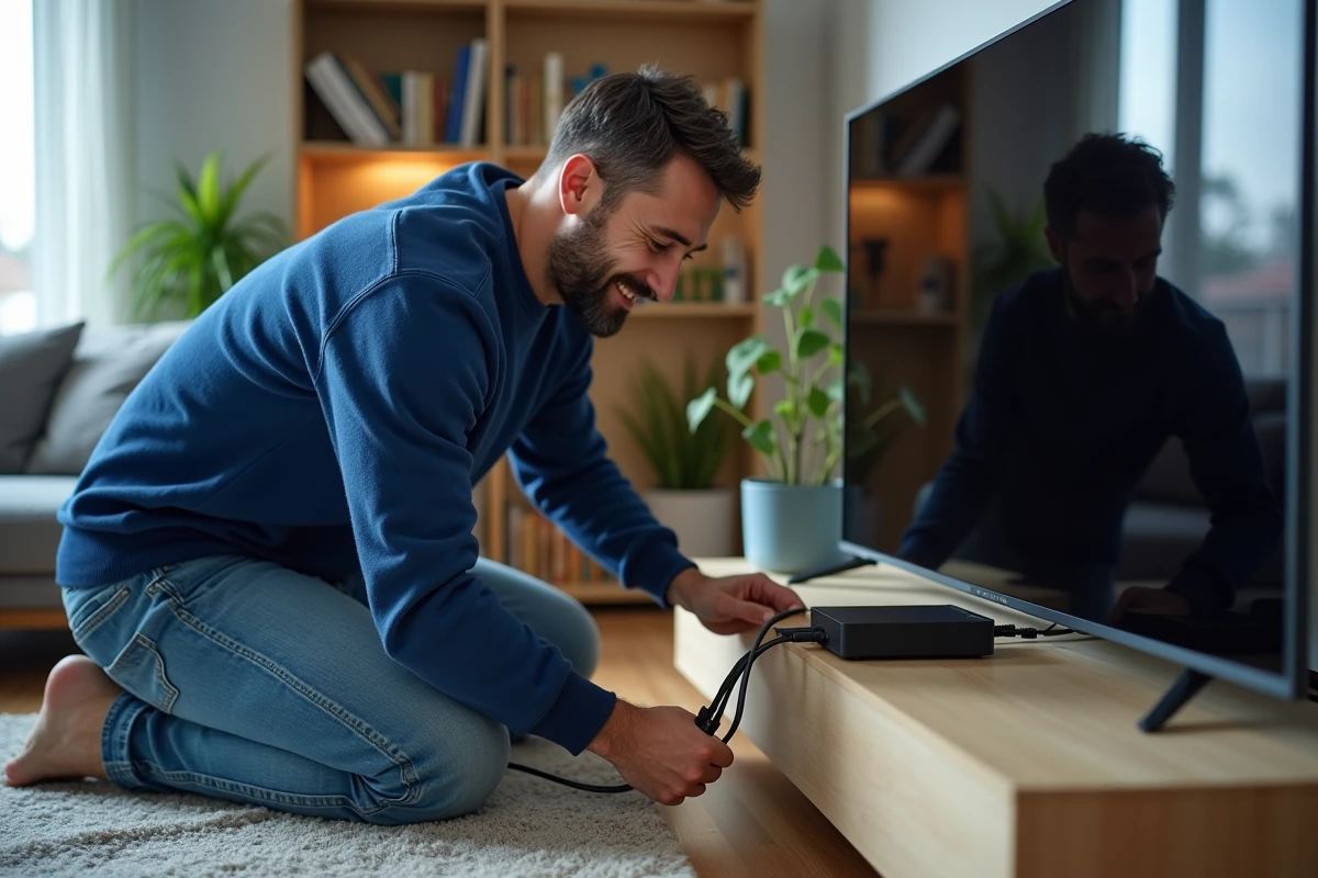 Homme en salon connectant câbles HDMI à la télévision