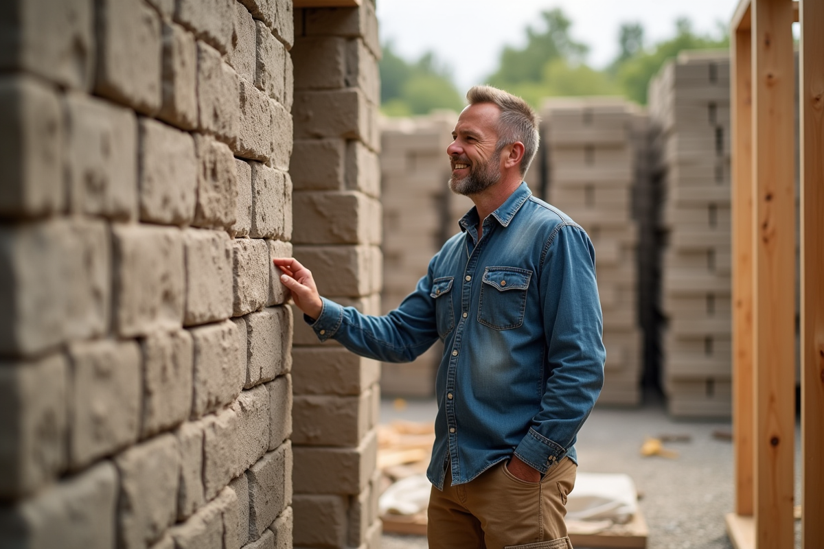 Homme examine un mur en earth blocks lors d'une construction écologique