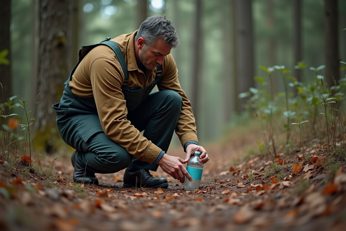 Homme en overalls inspectant une bouteille plastique en forêt