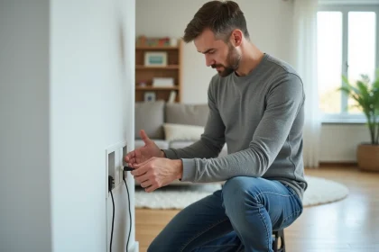 Homme déconnectant une prise électrique dans un salon moderne