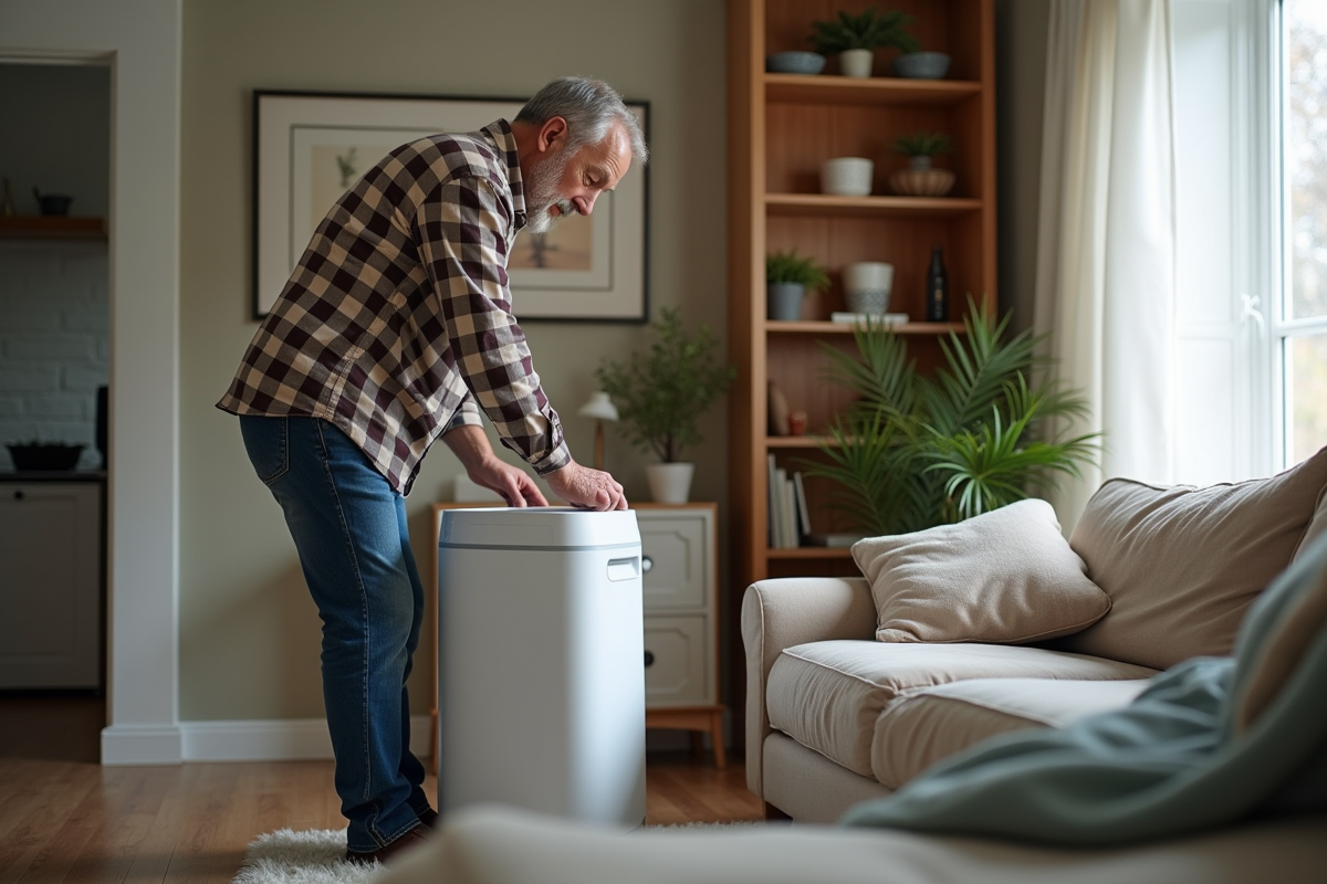 Homme ajustant un déshumidificateur dans un salon familial